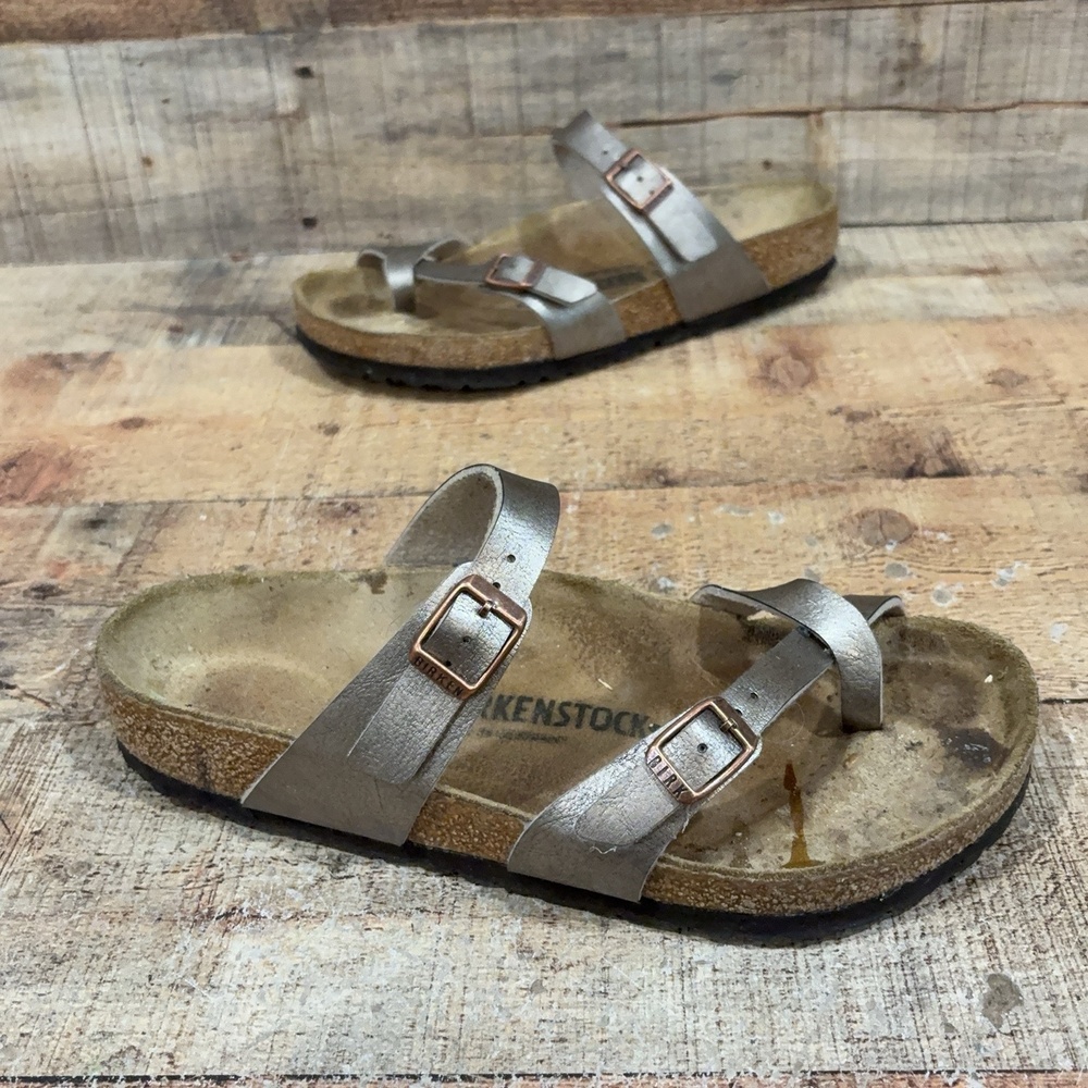 Birkenstock Mayari Sandals Womens Size 8 39 Silver Synthetic Thong Cork Shoes